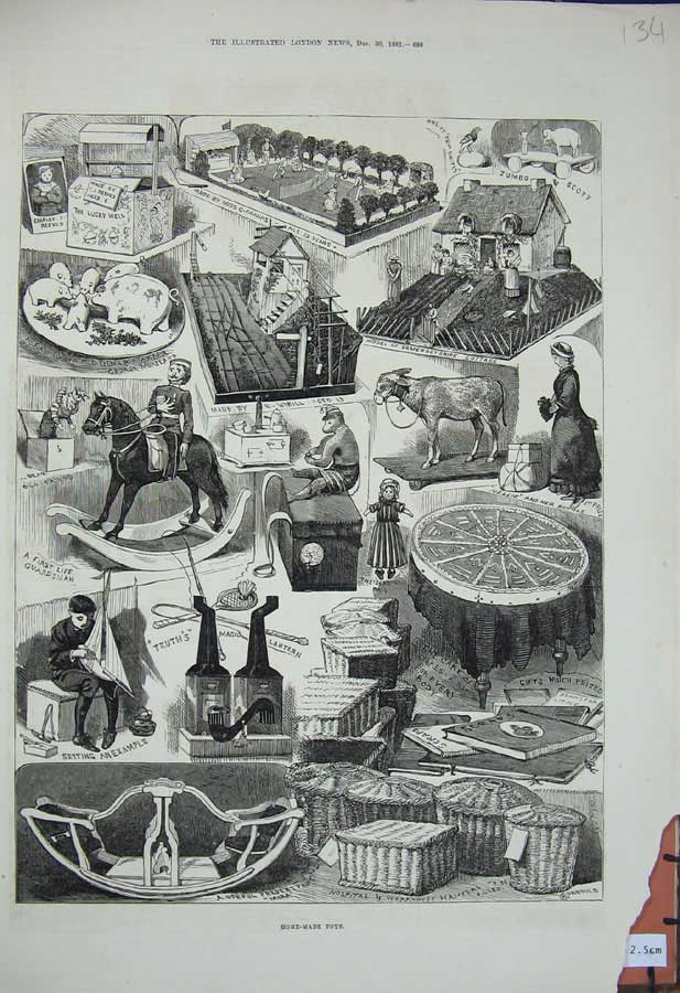Original Old Antique Print 1882 Home-Made Toys Rocking Horse Children Baskets