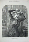 Original Old Antique Print 1882 Beautiful Lady Woman Mistletoe Christmas Hat