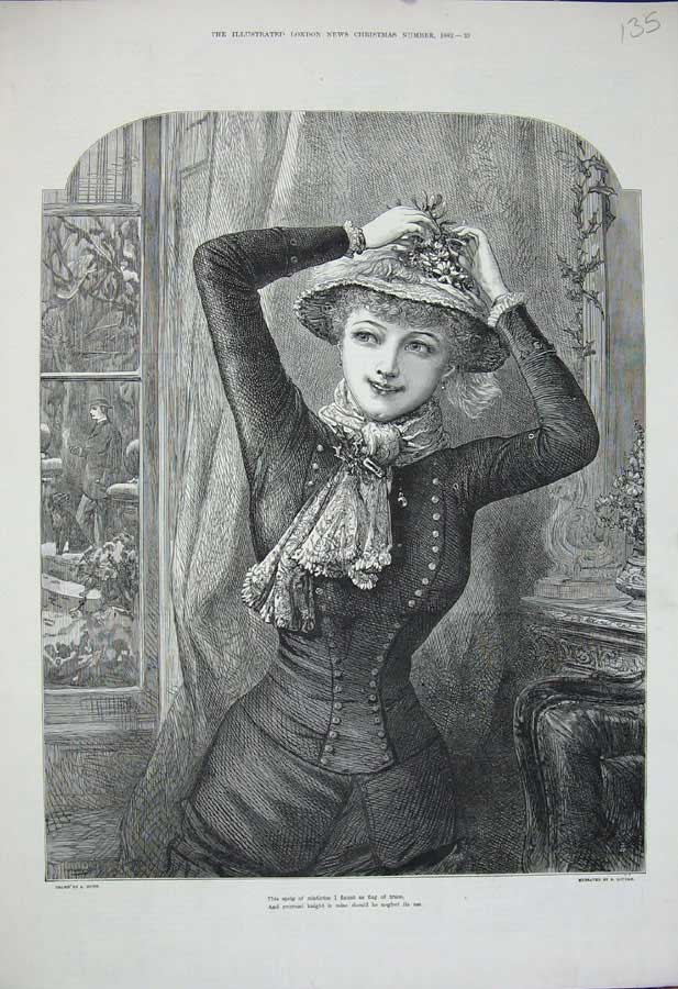 Original Old Antique Print 1882 Beautiful Lady Woman Mistletoe Christmas Hat