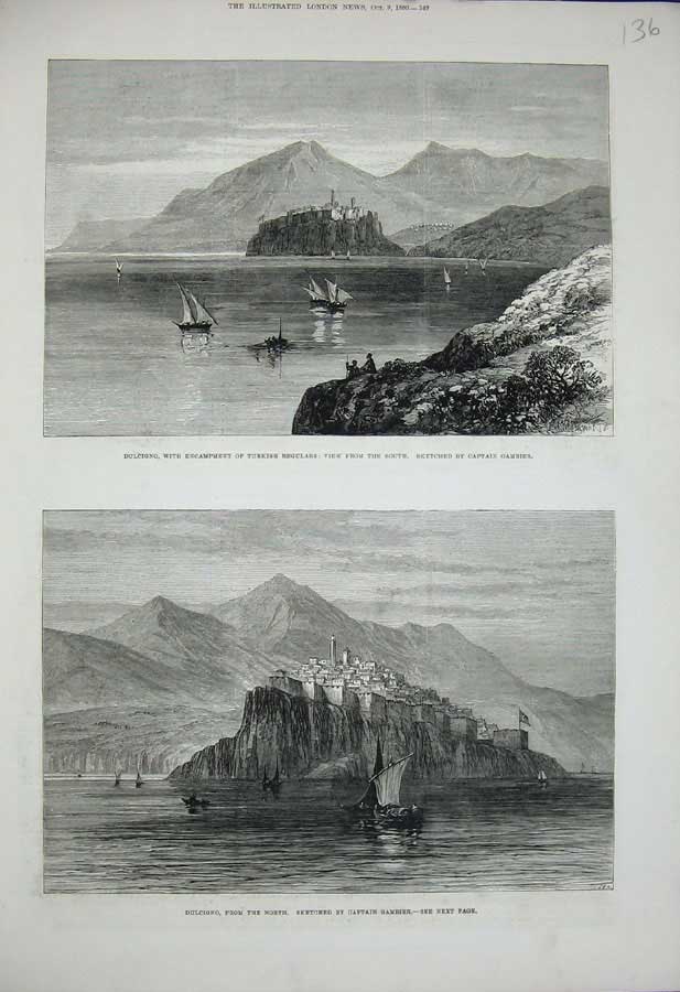 Original Old Antique Print 1880 Dulcigno Turkish Camp War Captain Gambier Art
