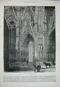 Original Old Antique Print 1880 West Door Cologne Cathedral Church Architecture