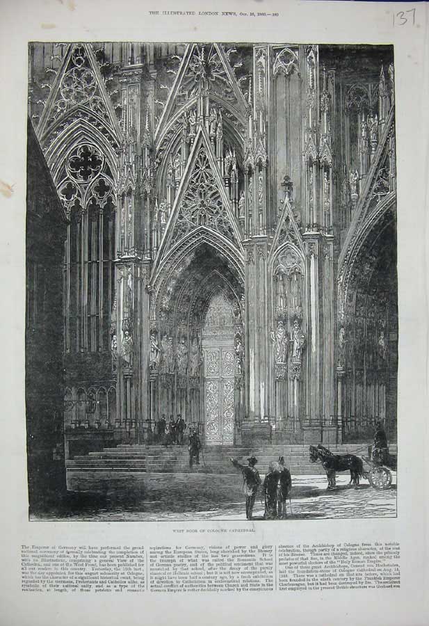 Original Old Antique Print 1880 West Door Cologne Cathedral Church Architecture