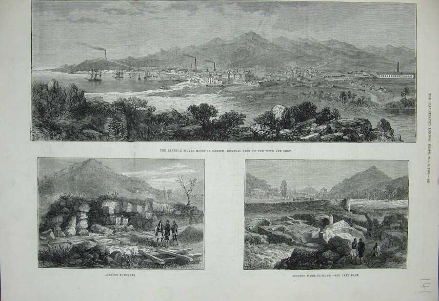 Old Antique Print 1880 Laurium Silver Mines Greece Furnaces Washing Well 19th