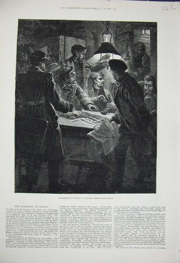 Old Antique Print 1880 Russia Nihilist Men Meeting St Petersburg War Men 19th