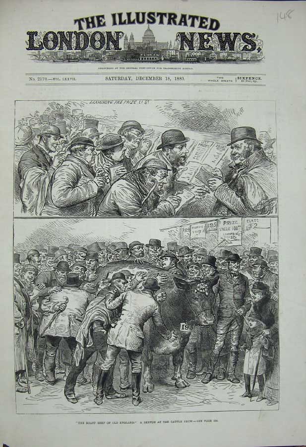Original Old Antique Print 1880 Cattle Market England Men Animal Sale Victorian