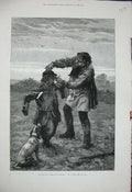 Original Old Antique Print 1880 Dadd Fine Art Farmer Man Scarecrow Dog Spade