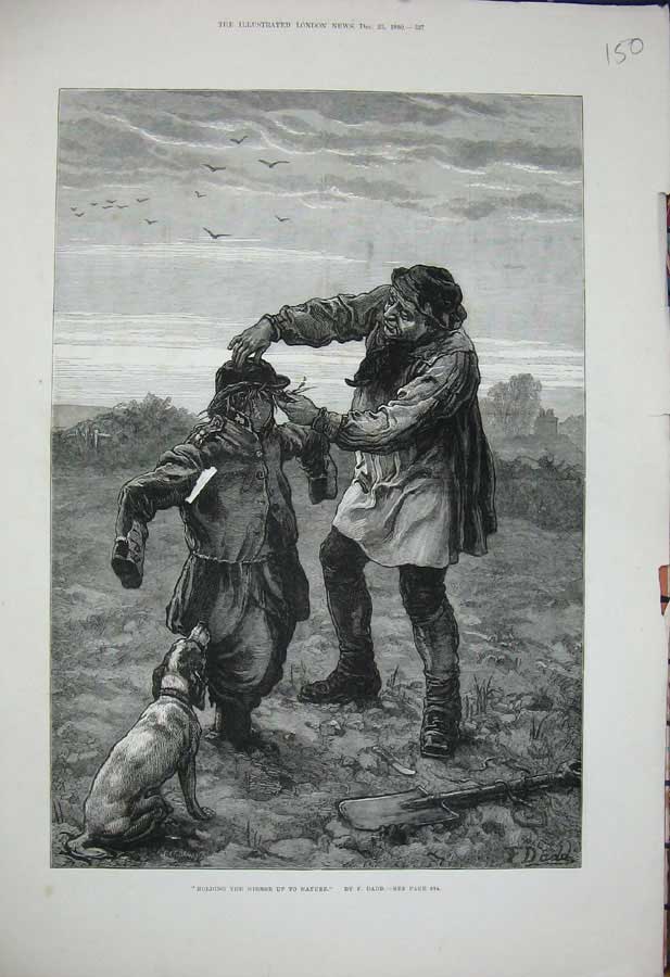 Original Old Antique Print 1880 Dadd Fine Art Farmer Man Scarecrow Dog Spade