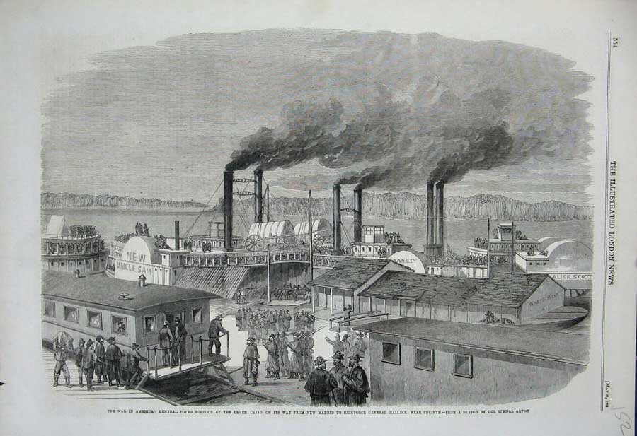 Old Antique Print 1862 War America General Pope Levee Cairo Halleck Ship 19th