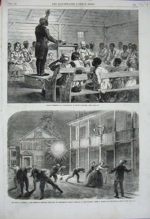 Original Old Antique Print 1863 War America Federalscharleston Church Carolina