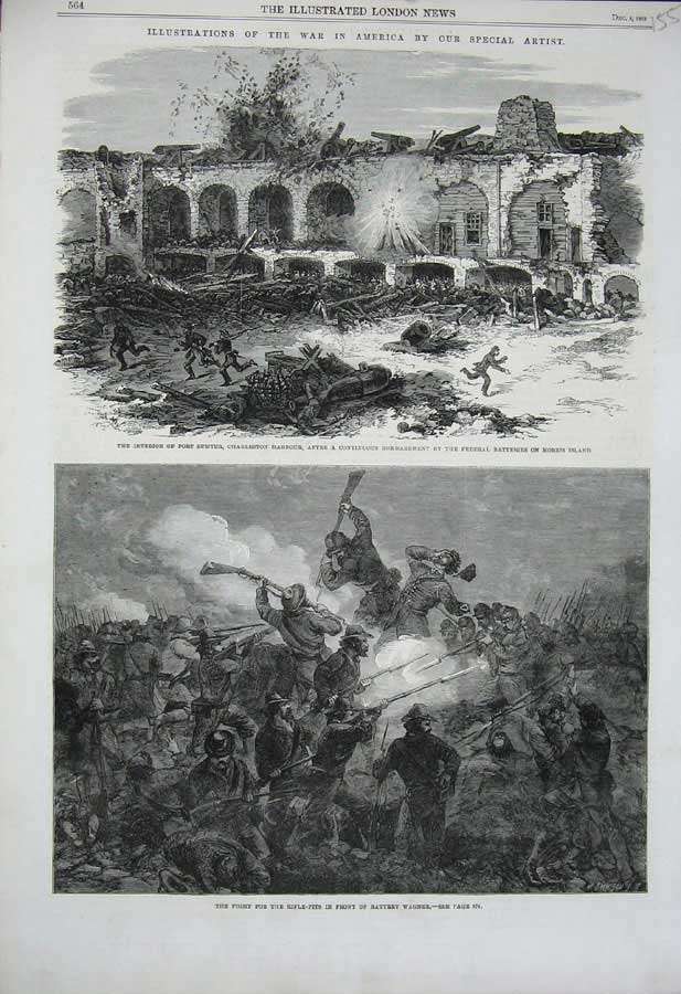 Old Antique Print 1863 War America Fort Sumter Charleston Morris Wagner 19th