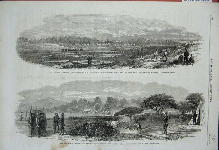 Old Antique Print Civil War America 1862 Camp Winfield Carolina Hatteras 19th