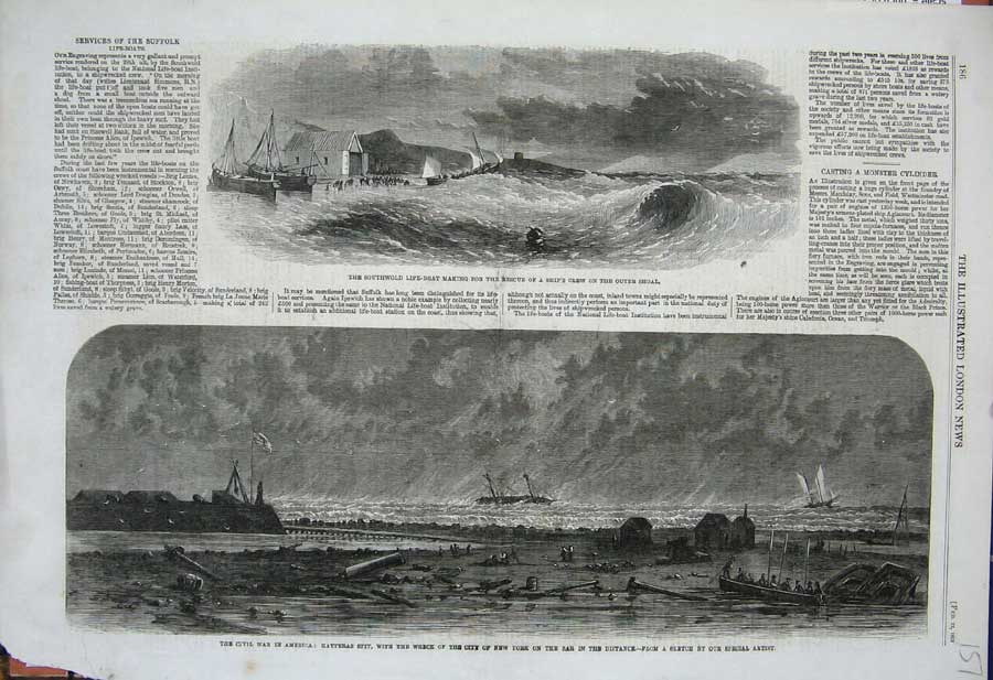 Original Old Antique Print 1862 SouthwLife-Boat Civil War America Ship Wreck