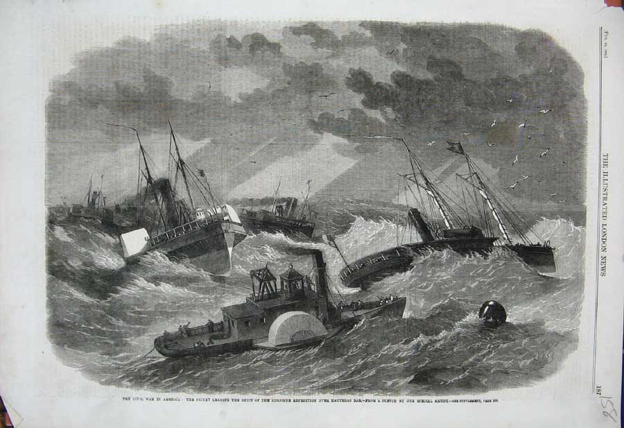 Old Antique Print 1862 Civil War America Ships Hatteras Bar Burnside Art 19th