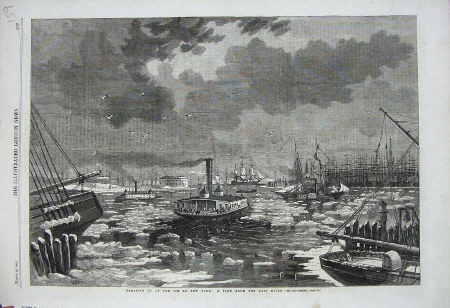 Original Old Antique Print Ice Breaking New York America 1862 Ships Boats River