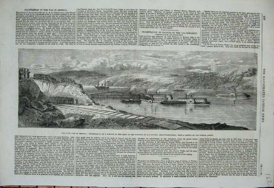 Old Antique Print 1862 Civil War America Army Potomac Alexandria Bridge 19th
