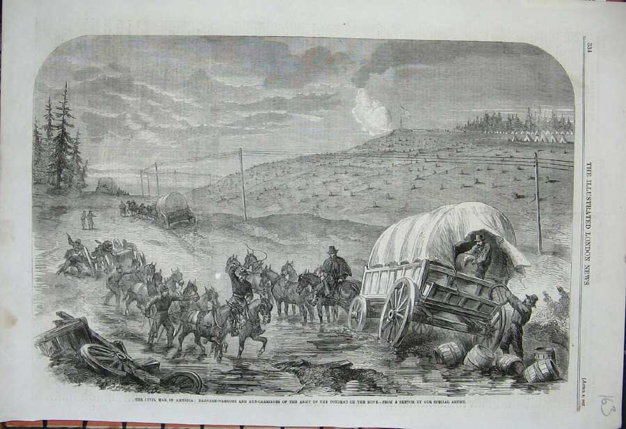 Original Old Antique Print Civil War America 1862 Waggons Army Potomac Siers
