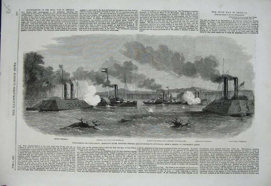 Original Old Antique Print 1862 Fort Pillow Mississippi River Ships Benton Dorn