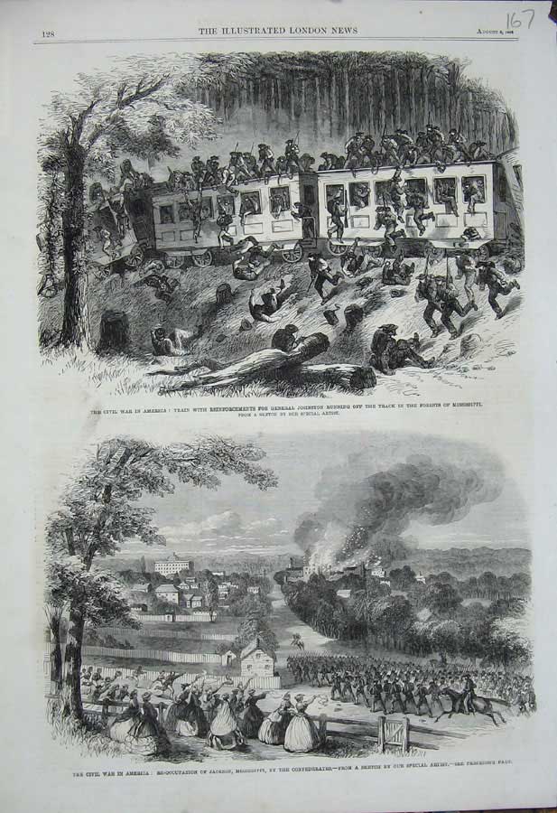 Old Antique Print War America 1863 Train Johnson Mississippi Jackson Army 19th