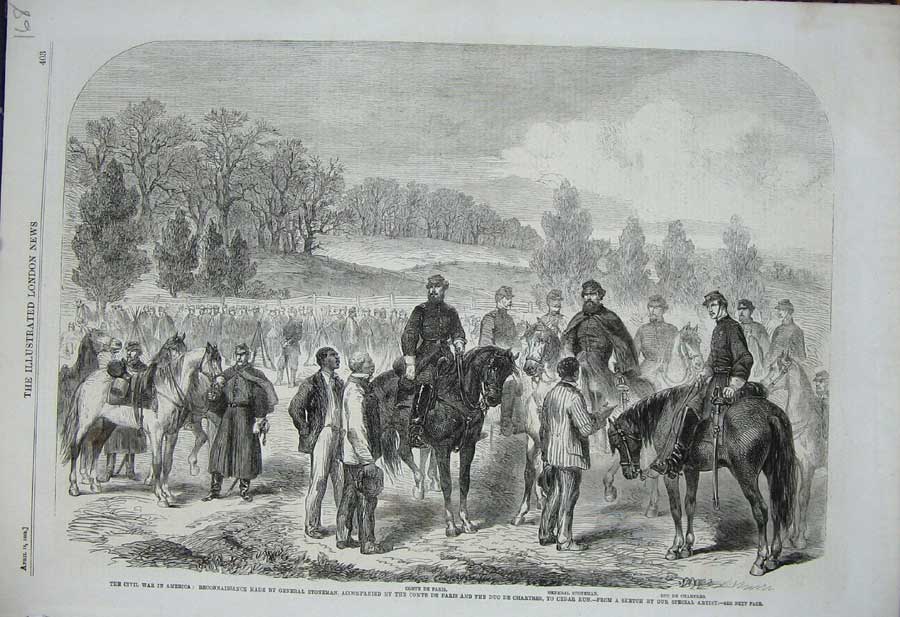 Original Old Antique Print 1862 Civil War America Stoneman Comte Paris Chartres
