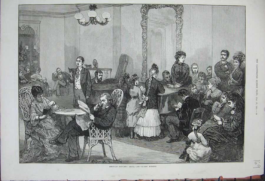 Old Antique Print 1875 America Hotel Family Games Singing Music Fine Art 19th