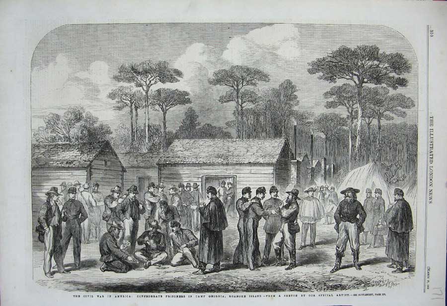 Original Old Antique Print 1862 War America Prisoners Camp Georgia Roanoke Army