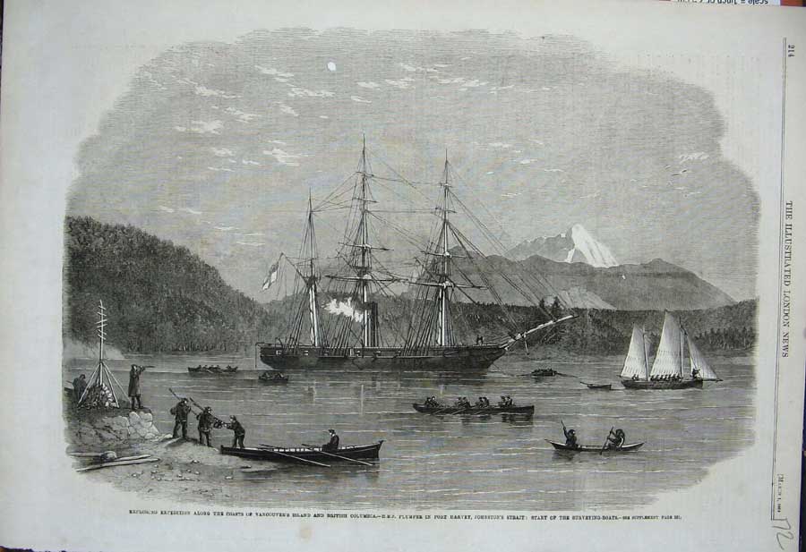 Old Antique Print 1862 Vancouver Island British Columbia Ship Plumper War 19th