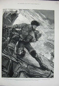 Original Old Antique Print 1882 Fine Art Overend Ship Storm Sea Man Baby Deck