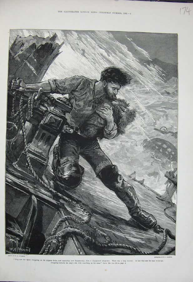 Original Old Antique Print 1882 Fine Art Overend Ship Storm Sea Man Baby Deck