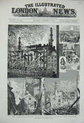 Old Antique Print 1882 Destruction Alhambra Theatre White Rose Hotel Fire 19th