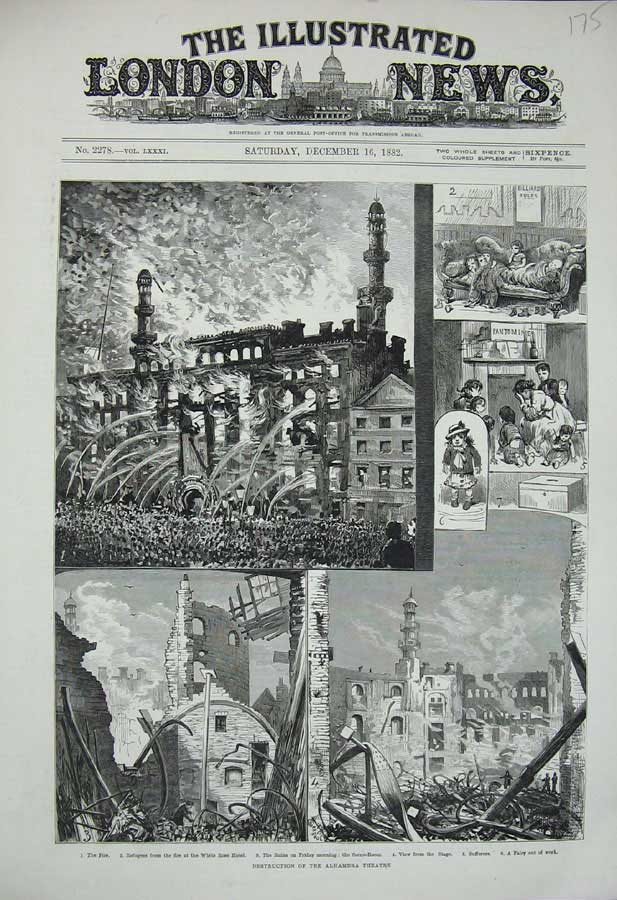 Old Antique Print 1882 Destruction Alhambra Theatre White Rose Hotel Fire 19th
