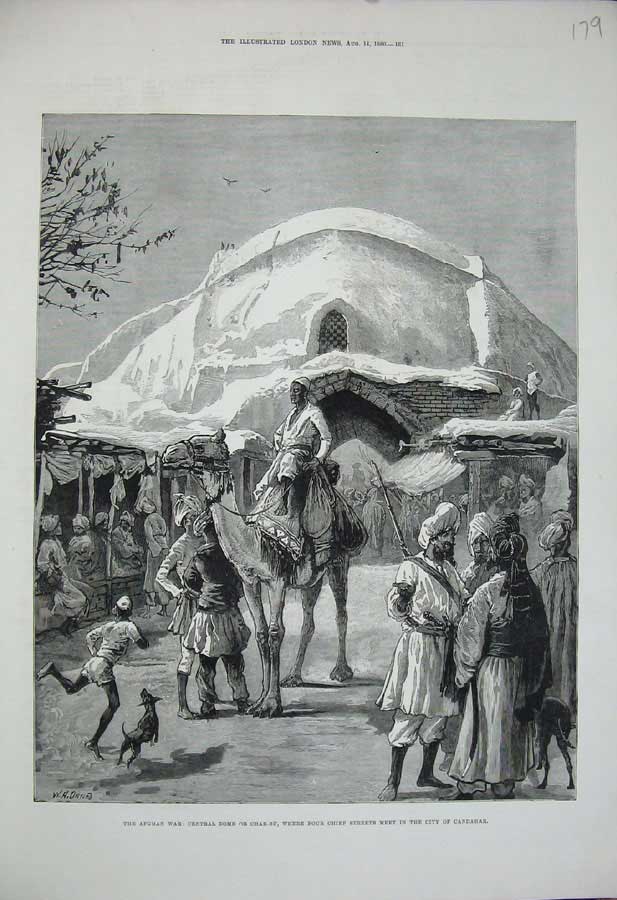 Original Old Antique Print 1880 Afghan War Dome Char-Su Candahar Camel Street