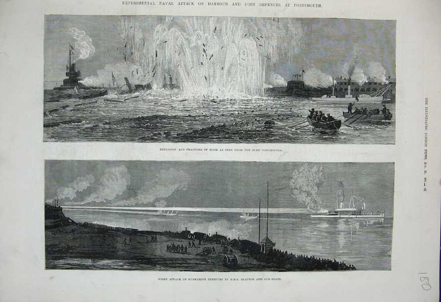 Old Antique Print 1880 Naval Attack Harbour Portsmouth Ship Glatton War 19th