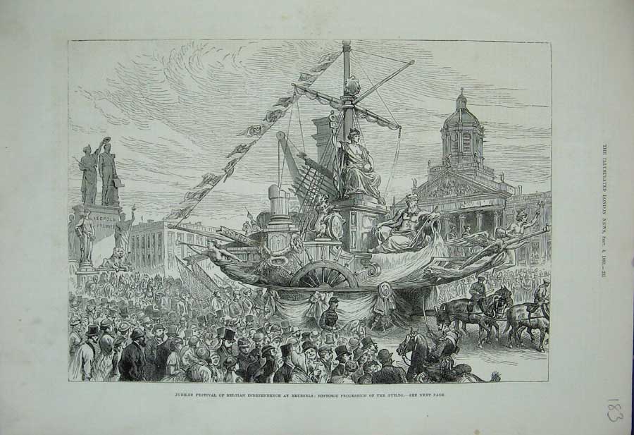 Old Antique Print 1880Jubilee Festival Belgian Brussels Guilds Procession 19th