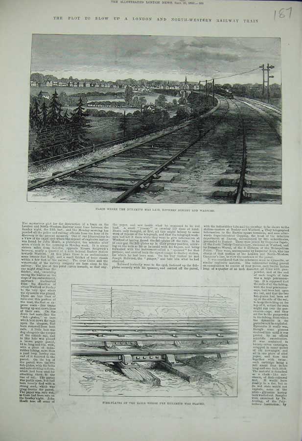 Old Antique Print 1880 London Railway Train Fish-Plates Dynamite Bushey 19th