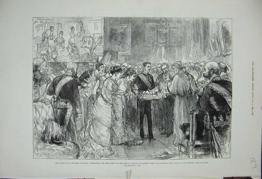 Old Antique Print 1880 Birth Spanish Baby Royal Palace Madrid King Spain 19th