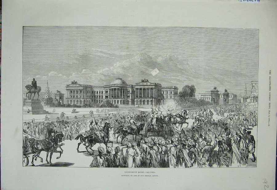 Original Old Antique Print 1876 Government House Calcutta Siers Horses War 19th