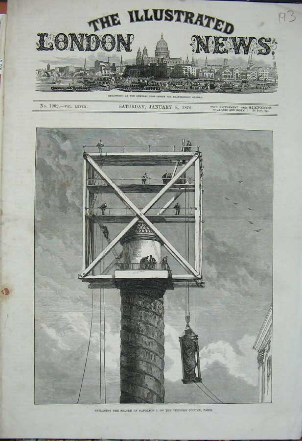 Original Old Antique Print 1876 Statue Napoleon Vendome Column Paris France