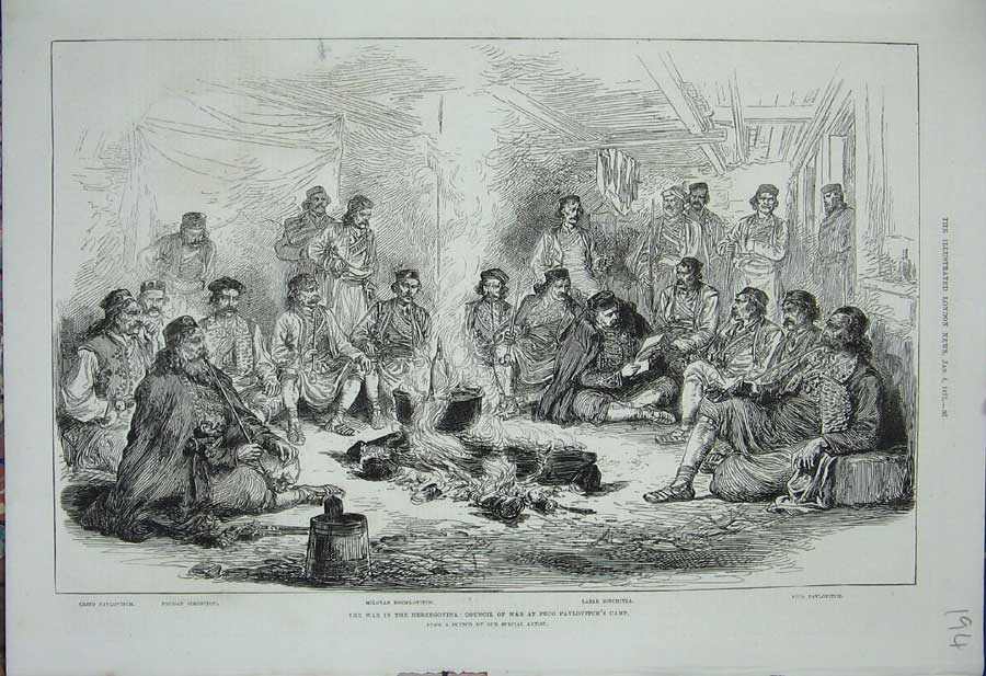Original Old Antique Print 1876 War Herzegovina Council Peco Pavlovitch'S Camp
