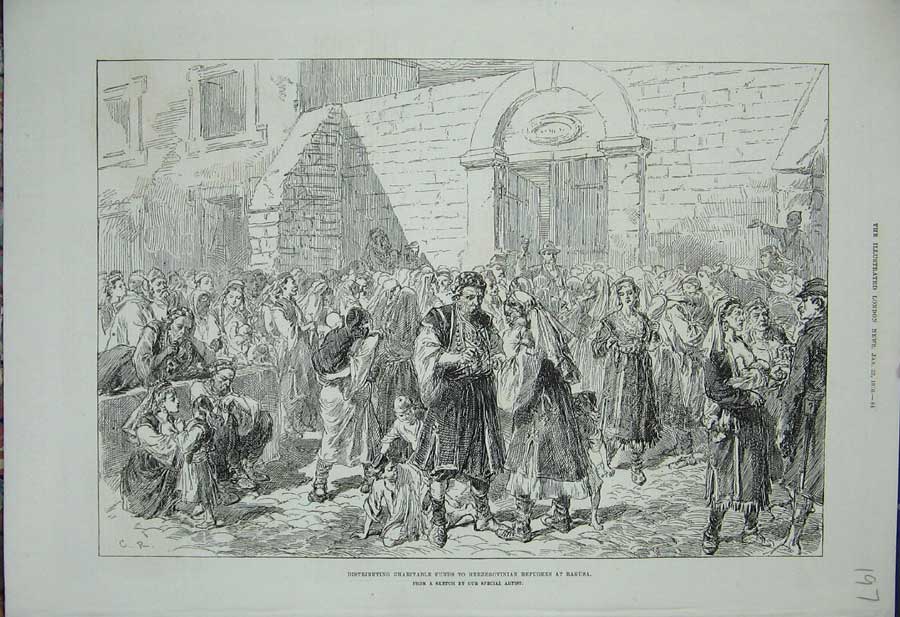 Original Old Antique Print 1876 Charity Herzegovinian Refugees Ragusa Victorian