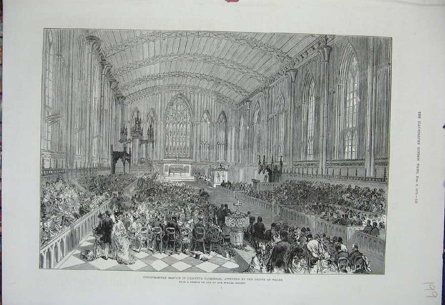 Old Antique Print 1876 Christmas Service Calcutta Cathedral Prince Wales 19th