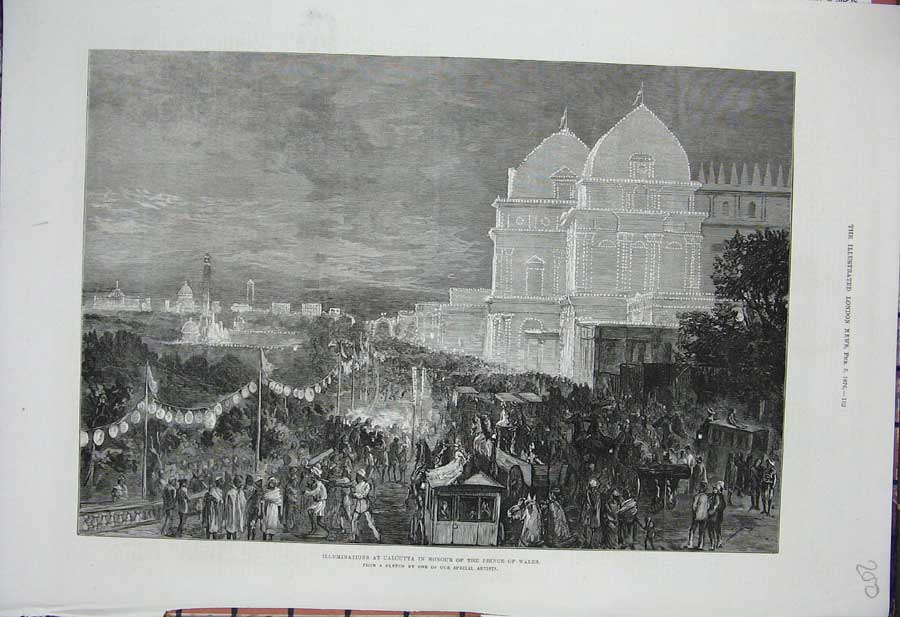 Old Antique Print 1876 Illuminations Calcutta Prince Wales Horse Carriage 19th