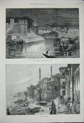 Old Antique Print 1876 Illuminations Benares Prince Wales Ghaut River Art 19th