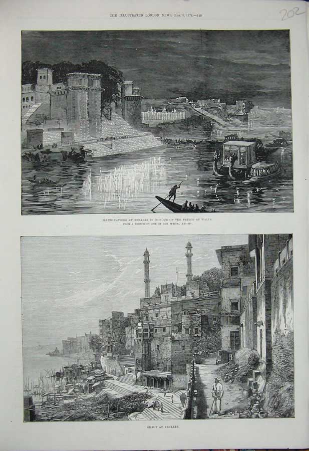 Old Antique Print 1876 Illuminations Benares Prince Wales Ghaut River Art 19th