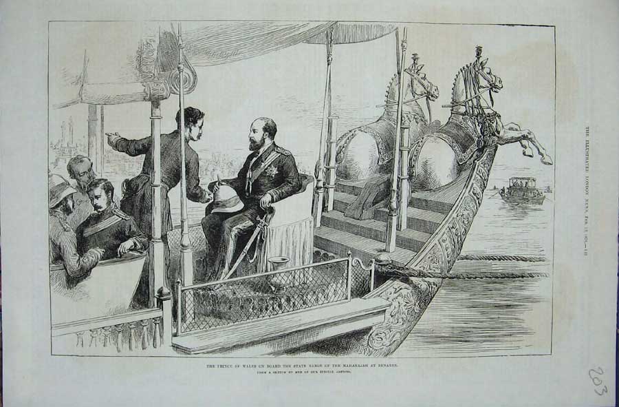 Original Old Antique Print 1876 Prince Wales State Barge Maharajah Benares Boat