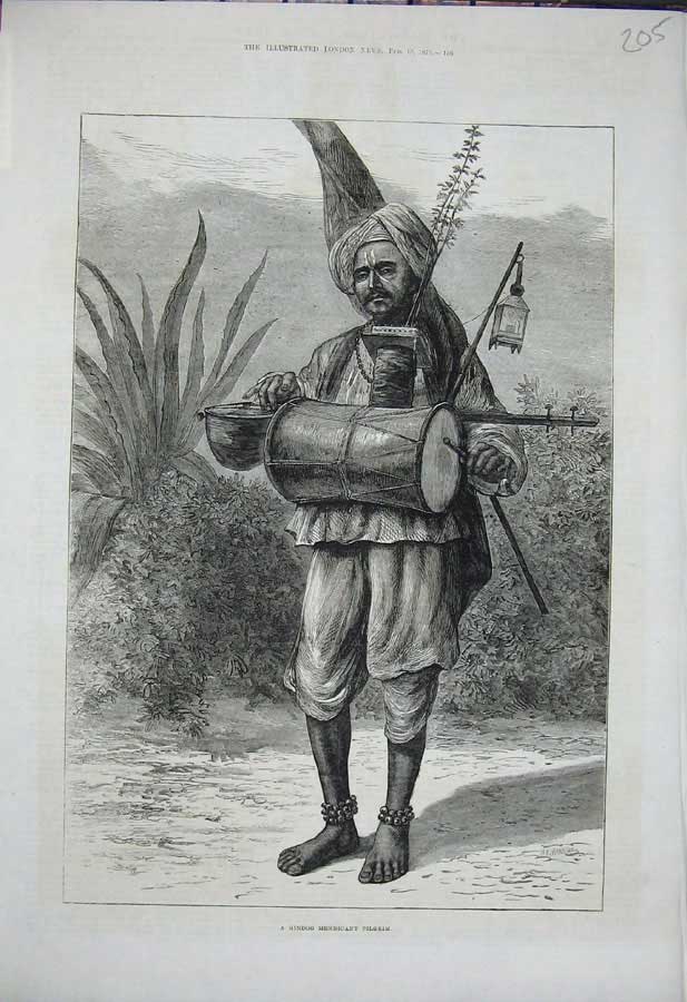 Original Old Antique Print 1876 Hindoo Mendicant Pilgrim Native Man Uniform Art