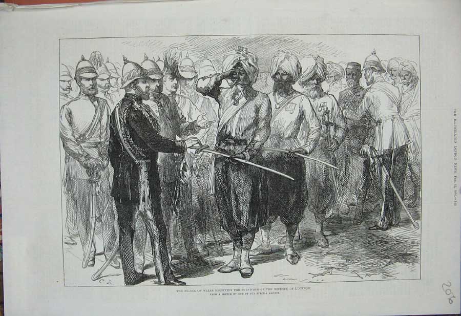 Original Old Antique Print 1876 Prince Wales Defence Lucknow Siers War Men 19th