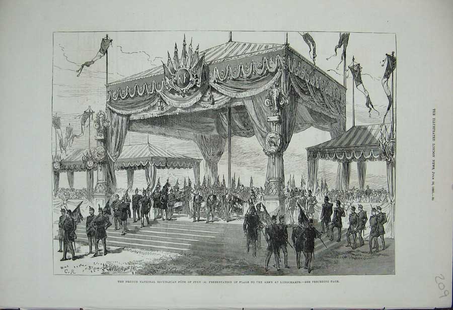Original Old Antique Print 1880 French National Fete Flags Longchamps Siers