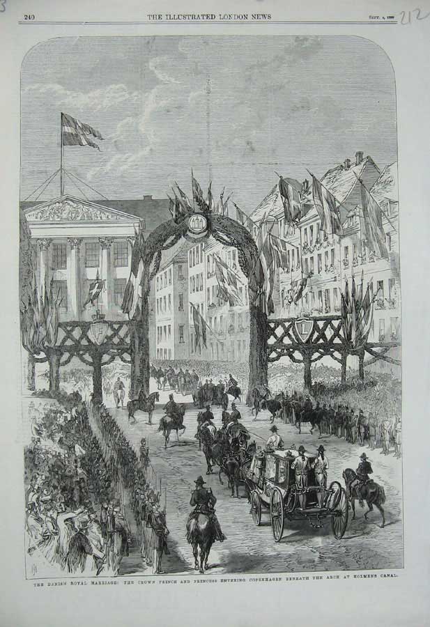 Original Old Antique Print 1869 Danish Royal Marriage Prince Copenhagen Holmens
