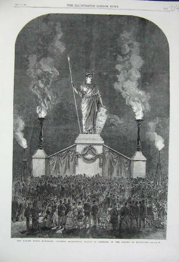 Original Old Antique Print 1869 Danish Royal Marriage Statue Denmark Rosenborg