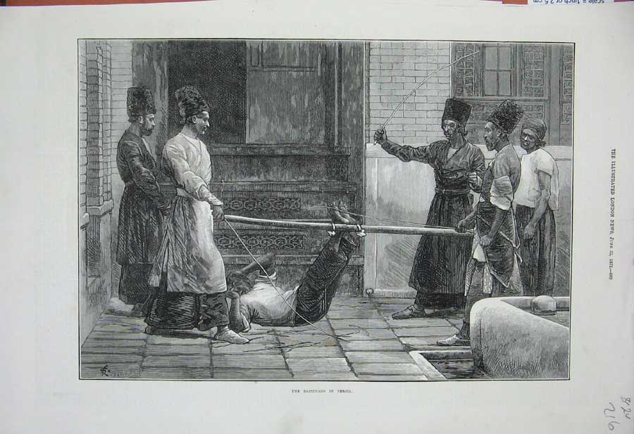 Old Antique Print 1872 Scene Bastinado Persia Native Men Sticks Torture 19th